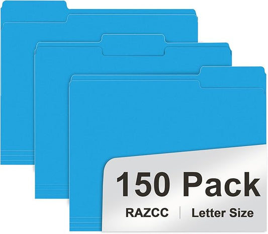 File Folder, RAZCC 150 Pack 1/3 Cut Tab File Folders Letter Size, Blue, Colored Folders with Tab Great for Organizing and Easy File Storage