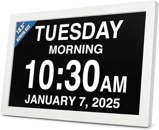 American Lifetime New 2026 Dementia Clock Large Digital Clock for Seniors, Digital Calendar Large Display, Custom Alarms, Clock with Day & Date for Elderly 18.5 Inches White