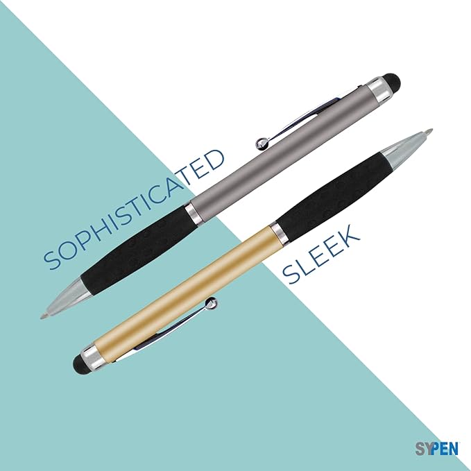 SyPen Personalized Pens With your Custom Logo or Text-300 Pack Bulk-for Businesses, Parties, and Events, 2 in 1 Ballpoint Pen & Stylus for Touchscreen Devices, Silver Barrel, Black Ink