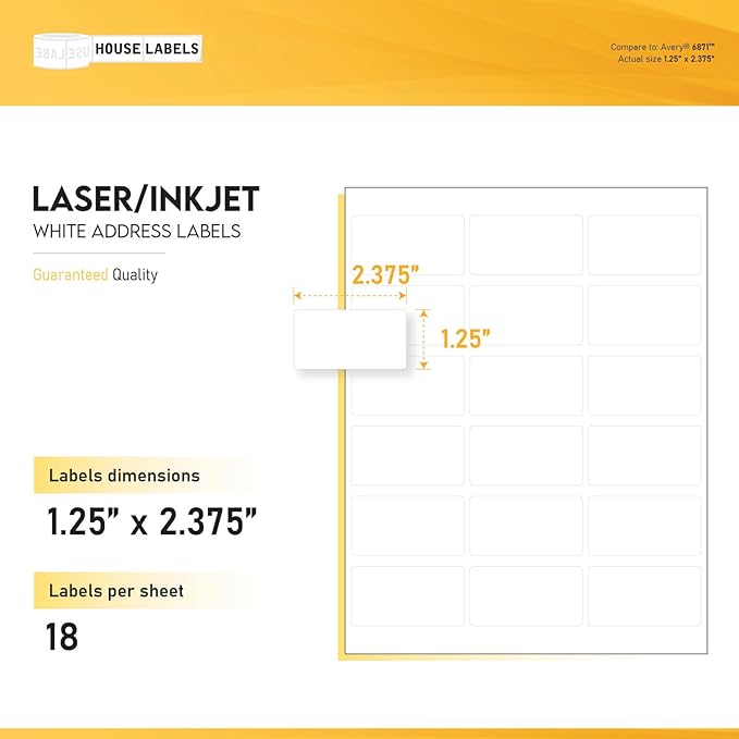HOUSELABELS 18-up Address Labels (2-3/8" x 1-1/4") for Laser and Inkjet Printers, 1,000 Sheets