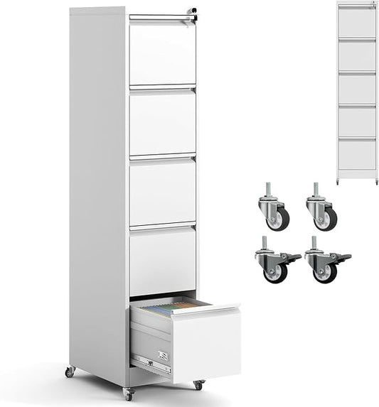 IKIMI 5 Drawer File Cabinet with Wheels,Metal Mobile Filing Cabinets with Lock,Vertical File Cabinet for Home Office,Heavy Duty Storage Cabinet for A4/Letter/Legal Size File,Assembly Required