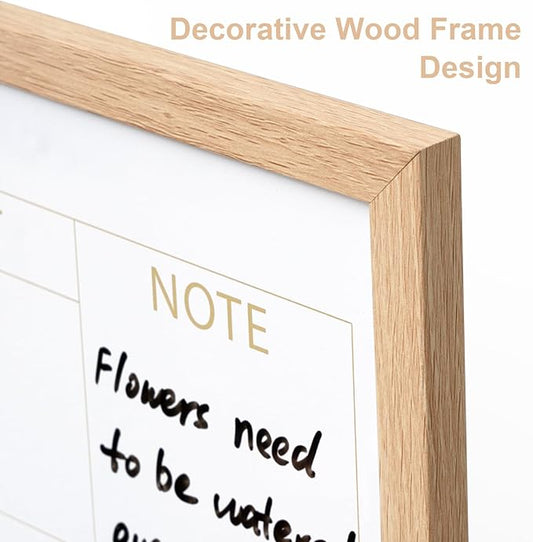 ARCOBIS Calendar Whiteboard with Cork Board, 24"x18" Wood Frame Dry Erase Calendar for Wall, Magnetic Monthly Combination Board for Home, Office, School, Kitchen, Beige