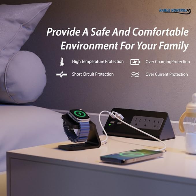 Kable Kontrol Desk Clamp Power Strip with USB-C Port, Nightstand Charging Station, 3 AC Outlets, 3 USB-A Ports, Fast Charger, Easy Installation for Home, Offices, Hotels – 4.9 Ft, Black, 400 Pcs