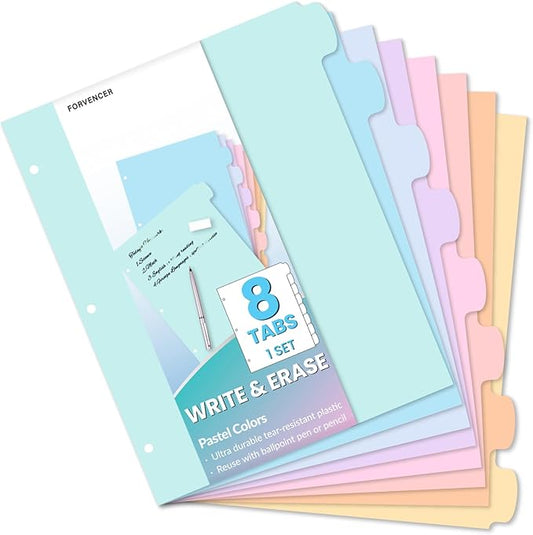 Forvencer 8-Tab Binder Dividers with Tabs, Big Tabs, Write&Erase Plastic Dividers for 3 Ring Binder, Binder Tabs for Organizers, 3 Ring Binder Dividers with Tabs for School Office (Pastels, 1 Set)