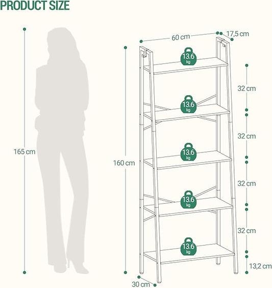 Hzuaneri Ladder Shelf, Bookshelf Bookcase, Freestanding Corner Storage Shelve with 2 Hooks for Home Office, Living Room, Kitchen, Bedroom, Industrial, 11.8" D x 23.6" W x 63" H, Black BC19304B