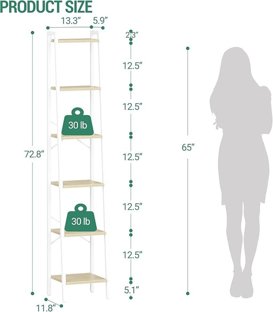 Hzuaneri Ladder Shelf, Bookshelf Bookcase, Freestanding Corner Storage Shelve with 2 Hooks for Home Office, Living Room, Kitchen, Bedroom, Industrial, 11.8" D x 13.4" W x 72.8" H, White Oak and White