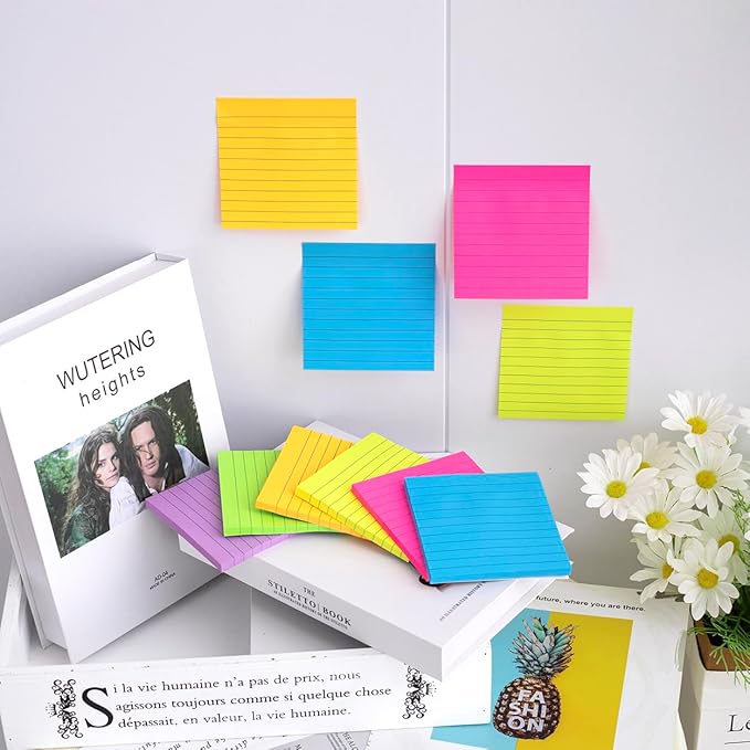 (12 Pads) Lined Sticky Notes 4x4 in, 6 Bright Colors Self-Stick Note Pads, Strong Adhesive, 47 Sheets/Pad