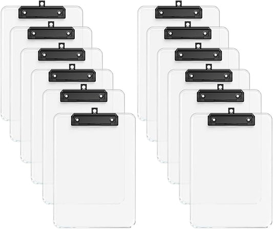 Zoenley A4 Plastic Clipboard Set of 12, Clear 12.5 x 9 Letter Size for Classroom, Students, Teacher, Nurse, A4 Transparent 8.5 x 11 Clip Board with Low Profile Black Clip, Office & School Supplies