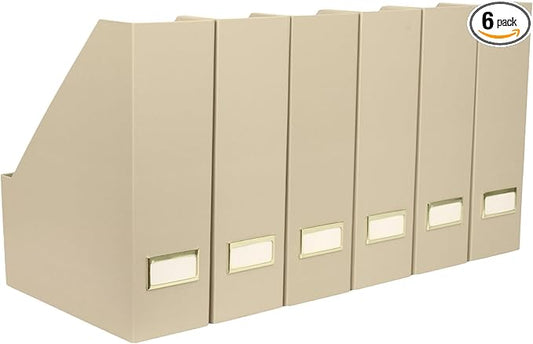 BLU MONACO | Set of 6 Foldable Taupe Magazine File Holders with Label Holders | Vertical File Organizer & File Storage Boxes for Desk, Shelves & Home Office