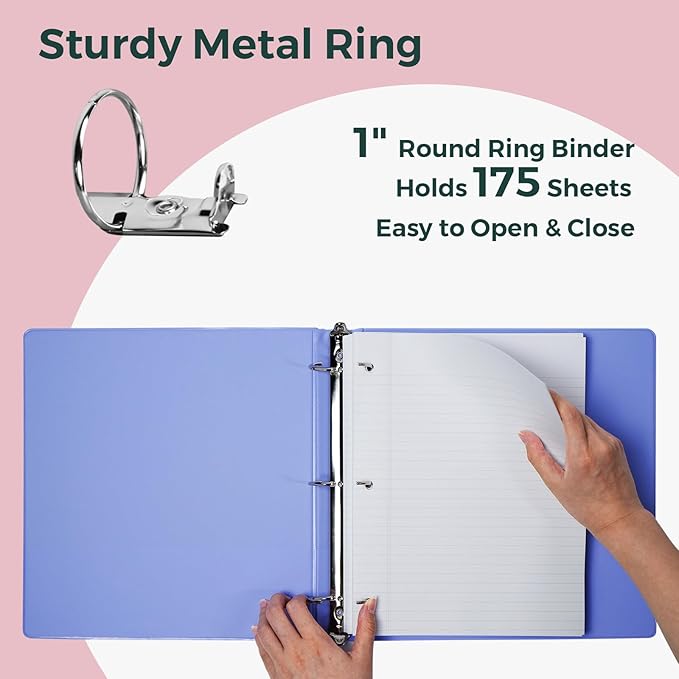POPRUN 3 Ring Binder 1 Inch, PVC-Free, Holds 175 Sheets of 8.5 x 11 Paper, Extra Durable Organizer with 2 Pockets for School & Office, Heavy-Duty, 2 Pack, White