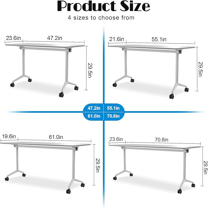 Conference Table Flip Top Mobile Conference Room Tables,Folding Conference Table with Wheels,Large Meeting Training Seminar Table Saving Space for Office Classroom (2, White, 70.8'')