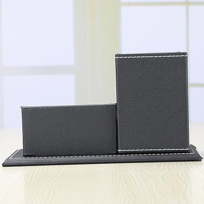 KINGFOM PU Leather Desk Organizer and Accessories, Pencil Holder for Desk with Business Cards Stand, School Office Supplies Collection Caddy Black