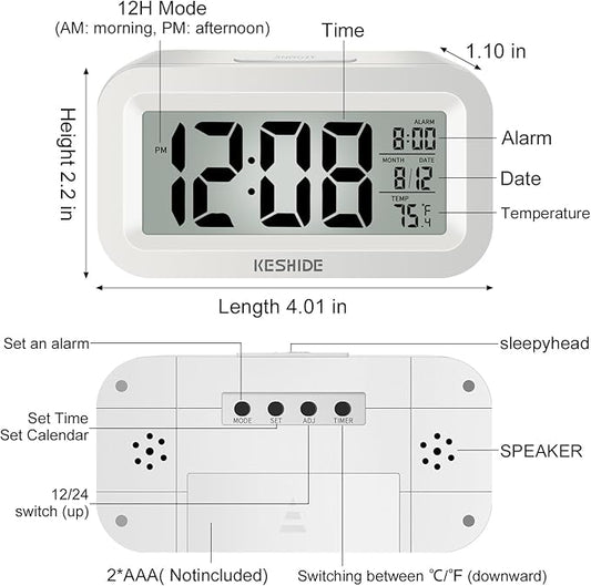 KESHIDE Travel Digital Alarm Clock, Battery Operated with Indoor Temperature, Desk Small Clock,Snooze Model,12/24H Display for Bedrooms Heavy Sleepers Kids Travel Bathroom