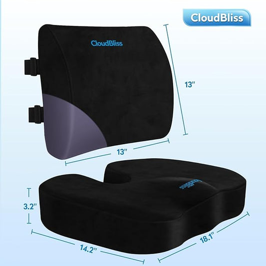 CloudBliss Seat Cushion,Office Chair Cushion,Car Seat Cushions,Lumbar Support Pillow for Office Chair,Back Support Memory Foam Pillow Coccyx Cushions for Tailbone Pain,Sciatica Back Pain Relief Black