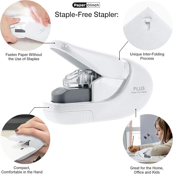 Plus Paper Clinch Compact Staple-Free Stapler — Ivory White