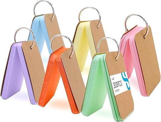 Koogel 300PCS Flash Cards with Key Ring, Colored Index Cards for School, 2.2 x 3.5 Inch, Small Portable Notecard for Studying Nursing Classroom Office Home Note Taking To Do List Essentials, 6 Colors