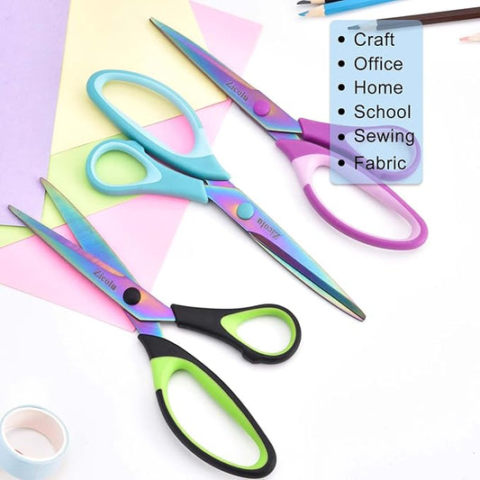 8.5" Scissors All Purpose, Multipurpose Office Scissors Set, Titanium Coating Sharp Blade, Soft Comfort-Grip, Ideal for Fabric, School, Home, Craft & Sewing, Right/Left Handed, Assorted Color, 3 Pack