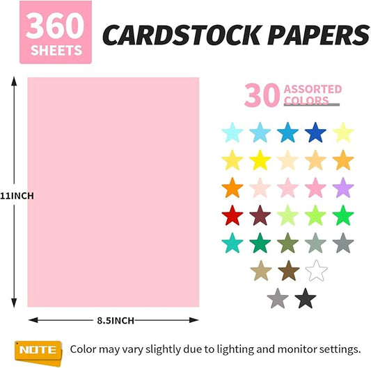 INFOOD 360 Sheets 8.5" X 11" Colored Cardstock Bulk, 30 Assorted Colors Construction Paper Card Stock Paper for Printing, Card Making, DIY Crafts, School & Office Supplies, Party Decorations, 180 GSM