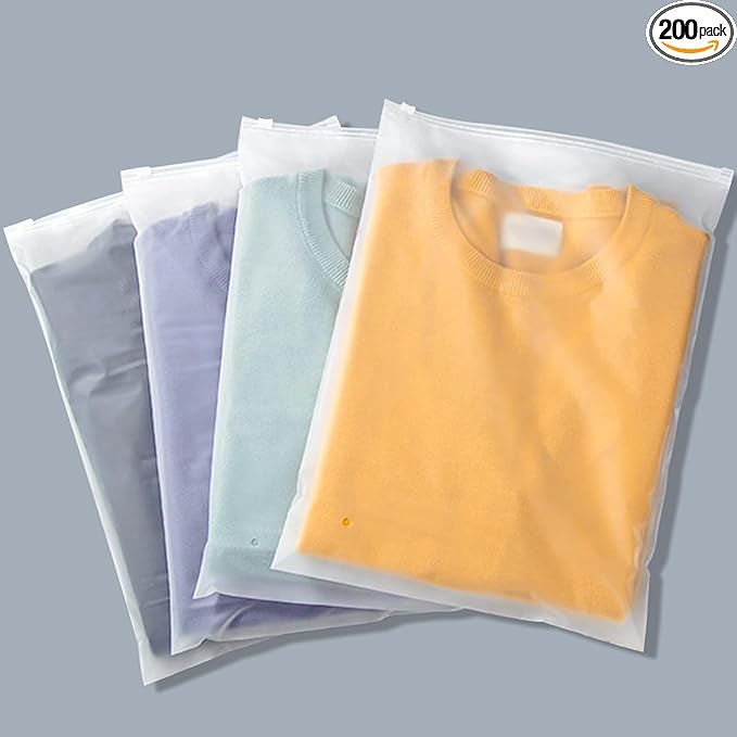 Svaldo Clothes Packaging Bags for Shipping, 200 Count 10x13 inch Frosted Zipper Plastic Bags for Clothing, Clear Plastic Apparel Bag for Packaging T-Shirt, Shirt, Document, 3 Mil, with Vent Holes
