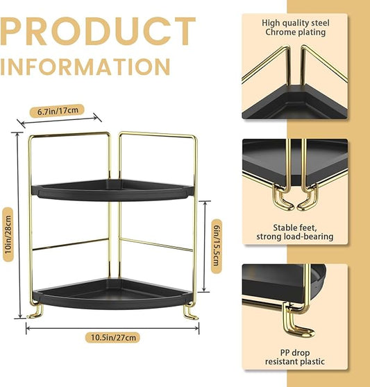 JANUS LiANG 2-Tier Spice Rack Corner Storage Shelf Makeup Organizer Stackable Cosmetic Holder Standing Counter Shelf for Bathroom, Kitchen, Countertop, and Vanity (Gold + Black)