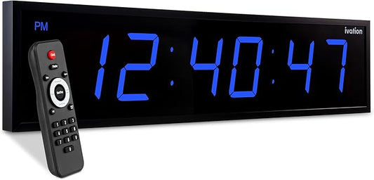 Ivation Oversized 24" Large Digital LED Clock | Big Digital Clock w/Multi-Function Display – Stopwatch, Timer, Alarms, Temp & Date | 6 Brightness Levels, Time Memory & Remote (Blue)