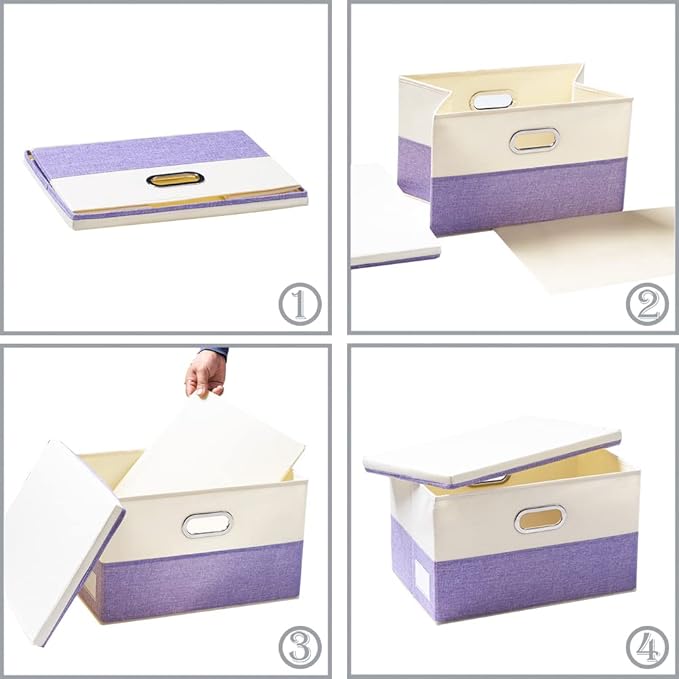 PRANDOM Large Foldable Storage Bins with Lids [3-Pack] linen Fabric... (Purple..