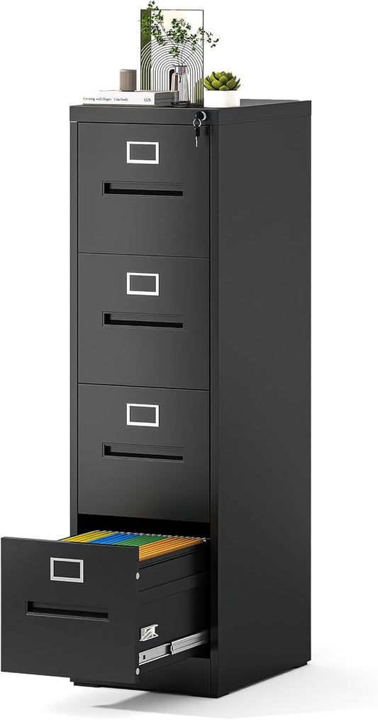 Yukimo 4 Drawer File Cabinet, Vertical File Cabinet with Lock, Metal Locking Filing Storage Cabinet for Home Office, Hanging Files for A4/ Legal/Letter, Assembly Required, Black