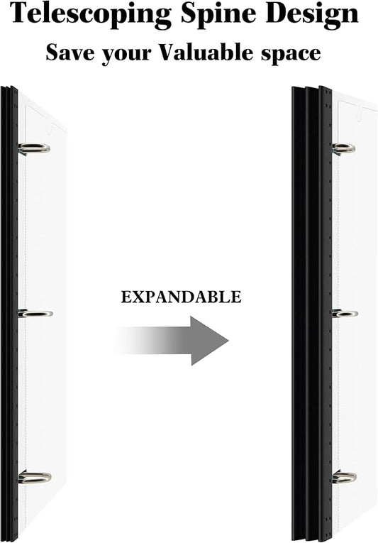 INFUN 1 Inch Telescoping 3 Ring Binder - 1PCS-White，Flexible Binders with Customizable Front Cover and Clear Catalog Pocket, 1Inch Rings, 225 Sheet Capacity