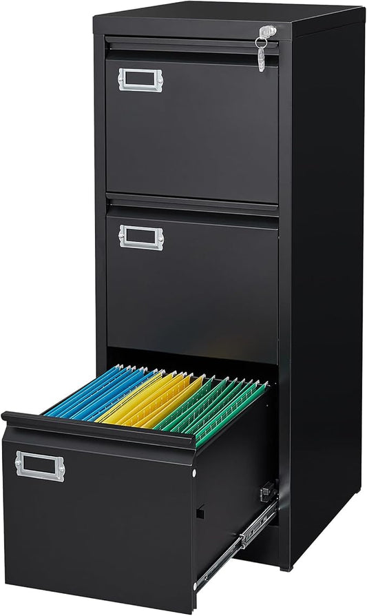 MIIIKO 3 Drawer File Cabinet, Black Metal Vertical Filing Cabinet with Lock, Home Office File Folders Storage Cabinet for Letter Legal A4 File Size
