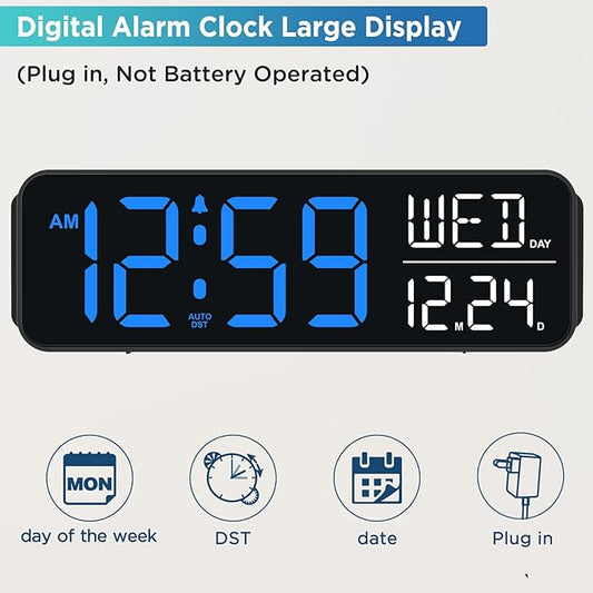 Peakeep Large Display Digital Alarm Clock for Bedrooms, Date Day of Week Calendar Desk Table Clocks for Living Room Office, Dimmable Plug in Electric Clock, 5 Volumes, Loud, Auto DST