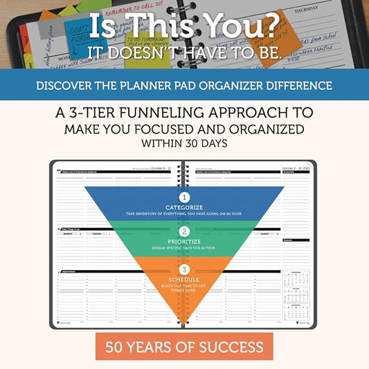 Planner Pad Spiral Bound 3-Tier Funnel Down 12 Month Organizer, October 2025 – September 2026, Black Cover/Black Ink, 8 1/2" x 11"