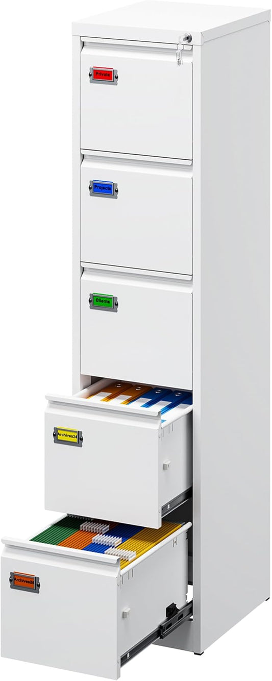 PEUKC 5-Drawer File Cabinet, 16.3" Deep Vertical Metal Filing Cabinet with Lock for Home Office, Anti-Tip 5 Storage Drawers for Letter/Legal/A4/F4 Size (Assemble Required, White)