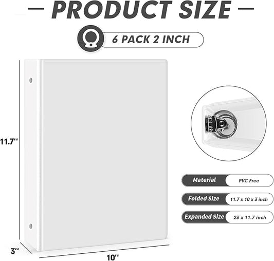 3 Ring Binder 2 Inch, PANDRI 6 Pack 2-Inch Binder Fits Letter Size 8.5'' x 11'' Paper, Versatile Binders for Office Home School, 2 Pockets, White