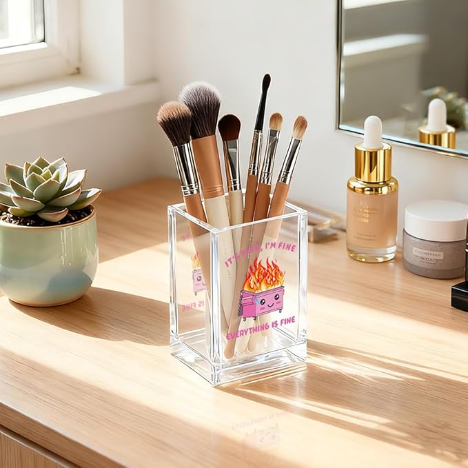 QYUVK It's Fine I'm Fine Everything Is Acrylic Makeup Brush Pencil Holder Cup, Funny Pink Dumpster Fire Pen Holder Gifts For Friends HR Nurse, Office Gifts for Women Coworker, Pencil Cup for Desk