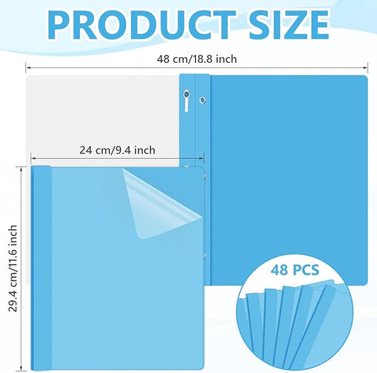 Feifeiya 48 Pack Plastic Report Covers with 3 Prongs Presentation Folders Bulk, 100 Sheet Capacity, Clear Front Report Covers for Presentation Document Paper School Office Supplies (Sky Blue)