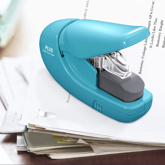 Plus Paper Clinch Compact Staple-Free Stapler — Blue Turquoise