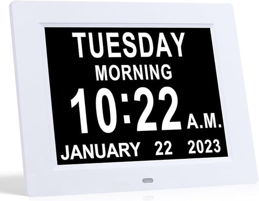 TMC 8 Inch Digital Dementia Clock for Seniors – Large Auto-Dimming Display with Date & Time, Multi-Language Calendar, 5 Alarms + Medicine Reminders – Wall or Desk Mount, Built-in Stand (White, SD)