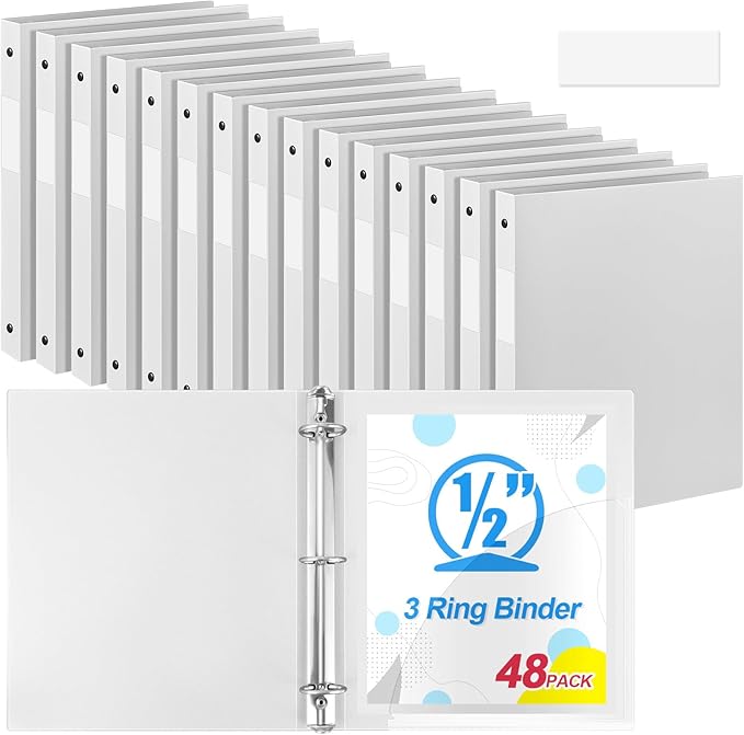 Henoyso 48 Pcs 3 Ring Binder 0.5 Inch Round Fits Letter Size 8.5'' x 11'' Paper Plastic Flexible Binder Bulk Holds 140 Sheets with 1 Pockets Versatile Organizer for Home Office School (White)