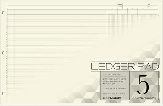 BookFactory Ledger Pad/Large 5 Column Accounting Ledger Columnar (Five Columns) Pads - 17'' x 11'', 50 Pages, Notepad Landscape Format (Made in USA)