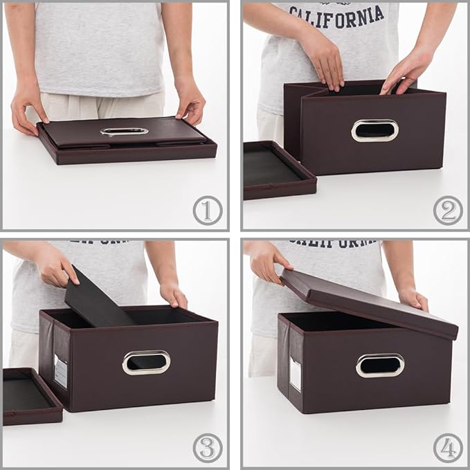 PRANDOM Collapsible Storage Box with Lid [3-Pack] Leather Fabric Foldable... (..