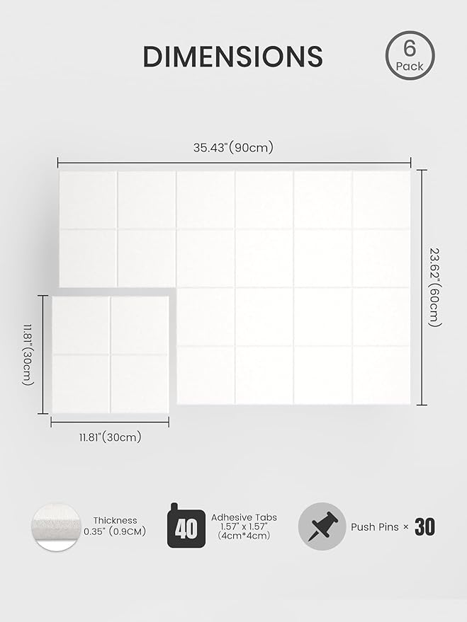 Bumusty Large Cork Board Alternative-36 x24 Felt Bulletin Board Tiles, with 30 Pushpins, 40 Adhesive Tabs, 6-Pack Slat Wall Paneling, Cork Boards for Office Push Pin Board Felt Board-Milky White