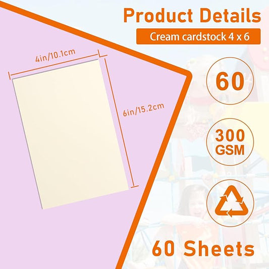 Guakicae 60 Sheets Cream Cardstock 4 x 6 Ivory Paper, 300gsm/110lb Heavyweight Flat Off White Card Stock Certificates Paper for Card Making, Business Cards, Postcards, Scrapbooking, Menus