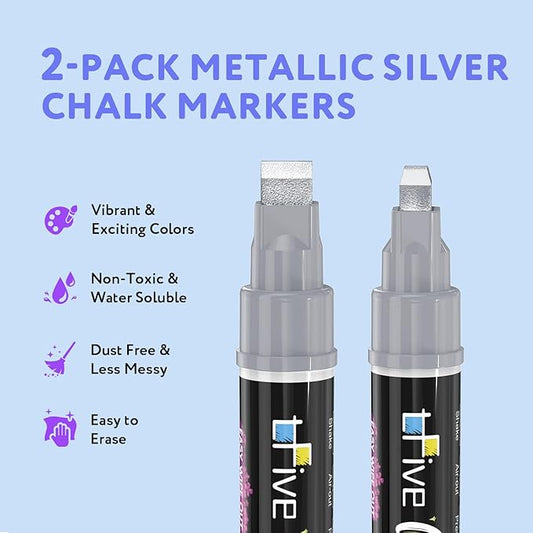 TFIVE Metallic Silver Liquid Chalk Markers - 2 Pack Jumbo Chalk Pens with 10mm 3 in 1 Nib Wide Tips, Dry & Wet Erase Marker Pens for Glass, Chalkboard, BlackBoard, Windows, Calendar, Pumpkin, Mirror