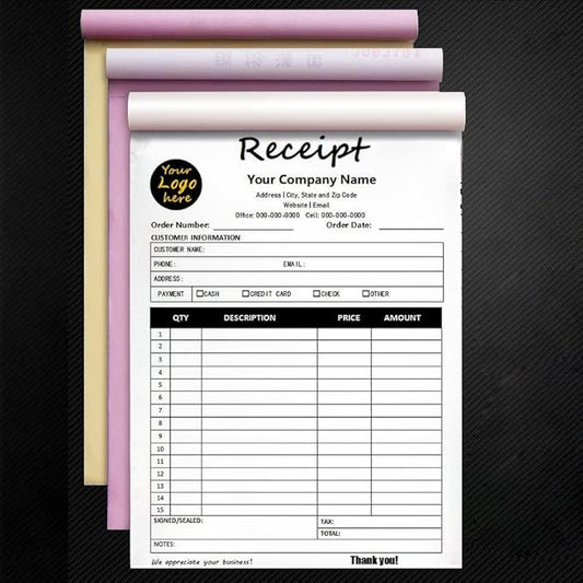Custom Carbonless Sales Invoice Form Books for Small Business, Personalized NCR 2-Part Receipt Book with Carbon Copies, Cover Add Company Name, Address and Number Printed