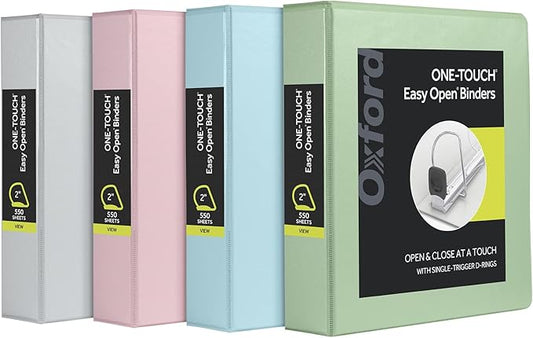 Oxford 3 Ring Binders, 2 inch ONE-Touch Easy Open D Rings, 3-Sided View Binder Covers, Binders for School, Xtralife Hinge, Non-Stick, PVC-Free, Natural Pastel, 530-Sheet Capacity, 4 Pack (79923)