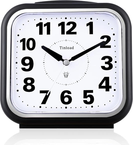 Tinload 5.5" Large No Ticking Analog Alarm Clock,Silent Readable for Seniors,Easy to Set,Gradual Rise Alarm,Big Numbers,Gentle Wake,Snooze, Lighted on Demand,Battery Operated,Black
