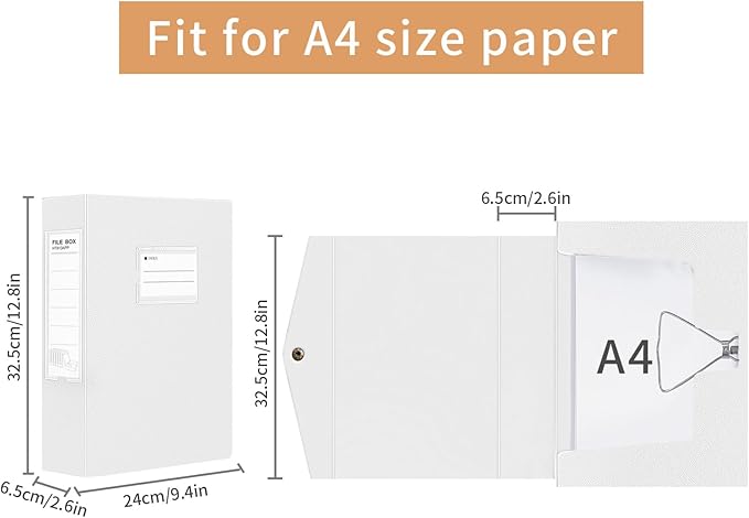 HUA JIE 2 Pack A4 Storage File Boxes Archives Case,65mm Spine,Box File Document Storage Box with Metal Clip for Office School -White