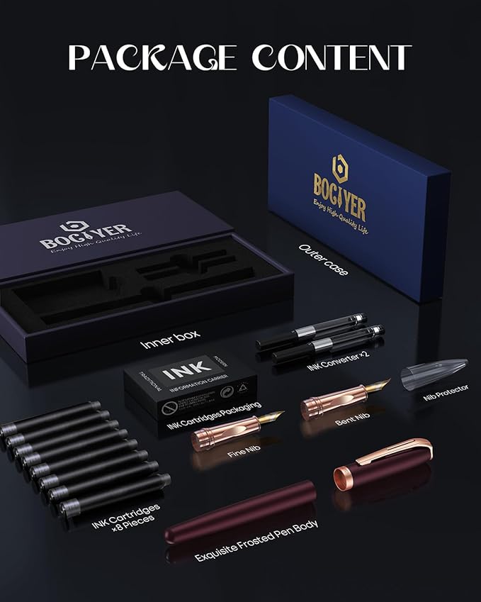 BOCIYER Samurai Fountain Pen Gift Set — Medium + Calligraphy Nibs, 8 Cartridges, Dark Red