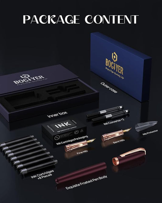 BOCIYER Samurai Fountain Pen Gift Set — Medium + Calligraphy Nibs, 8 Cartridges, Dark Red