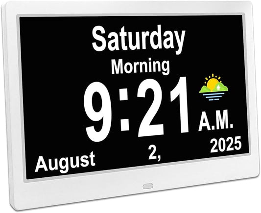 SSYA Dementia Clocks with Day and Date for Seniors,13 Alarms Custom Reminders, Extra Large Digital Calendar Clock for Elderly. (White)